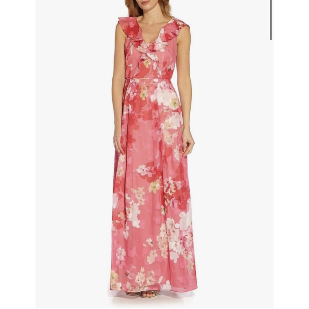 Adrianna Papell Womens Size 12 NWT Ruffle Chiffon Pink Gown Cap Sleeves